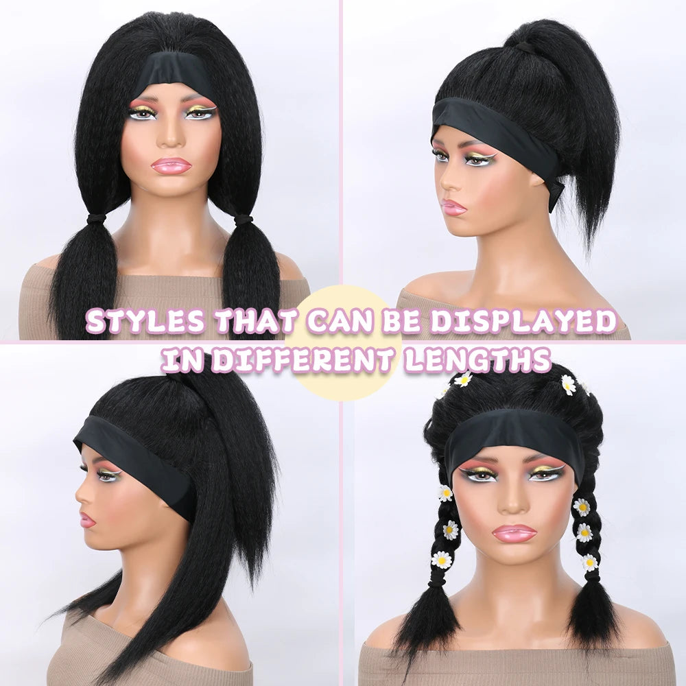 Long Kinky Straight Hair Wigs for Black Women, Synthetic Headband Wig, Hair Band Attached Half Wig, Full Machine Made, None Lace