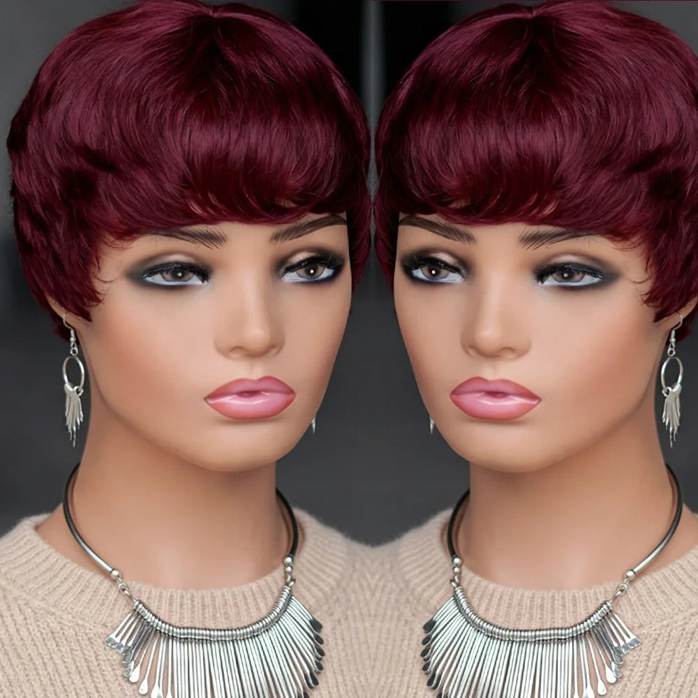 Women's Short Burgundy Red Layered Pixie Cut Human Hair Wig With Bangs Realistic Burgundy Pixie Cut Wig Full Machine Made