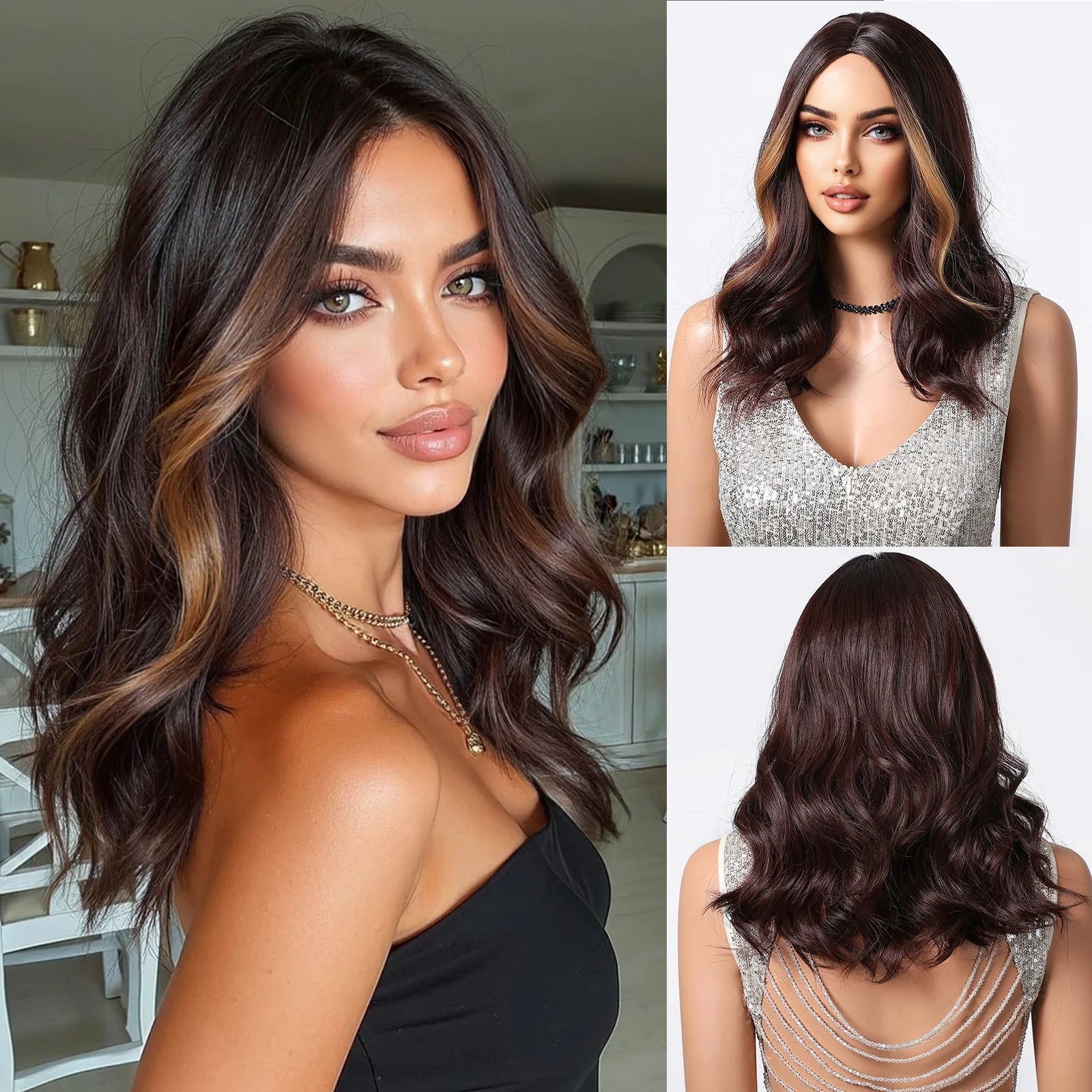 Short Wavy Wigs Black Brown Wig Shoulder Length Wave Synthetic Hair With Medium Part Bangs Daily Party for Women Heat Resistant