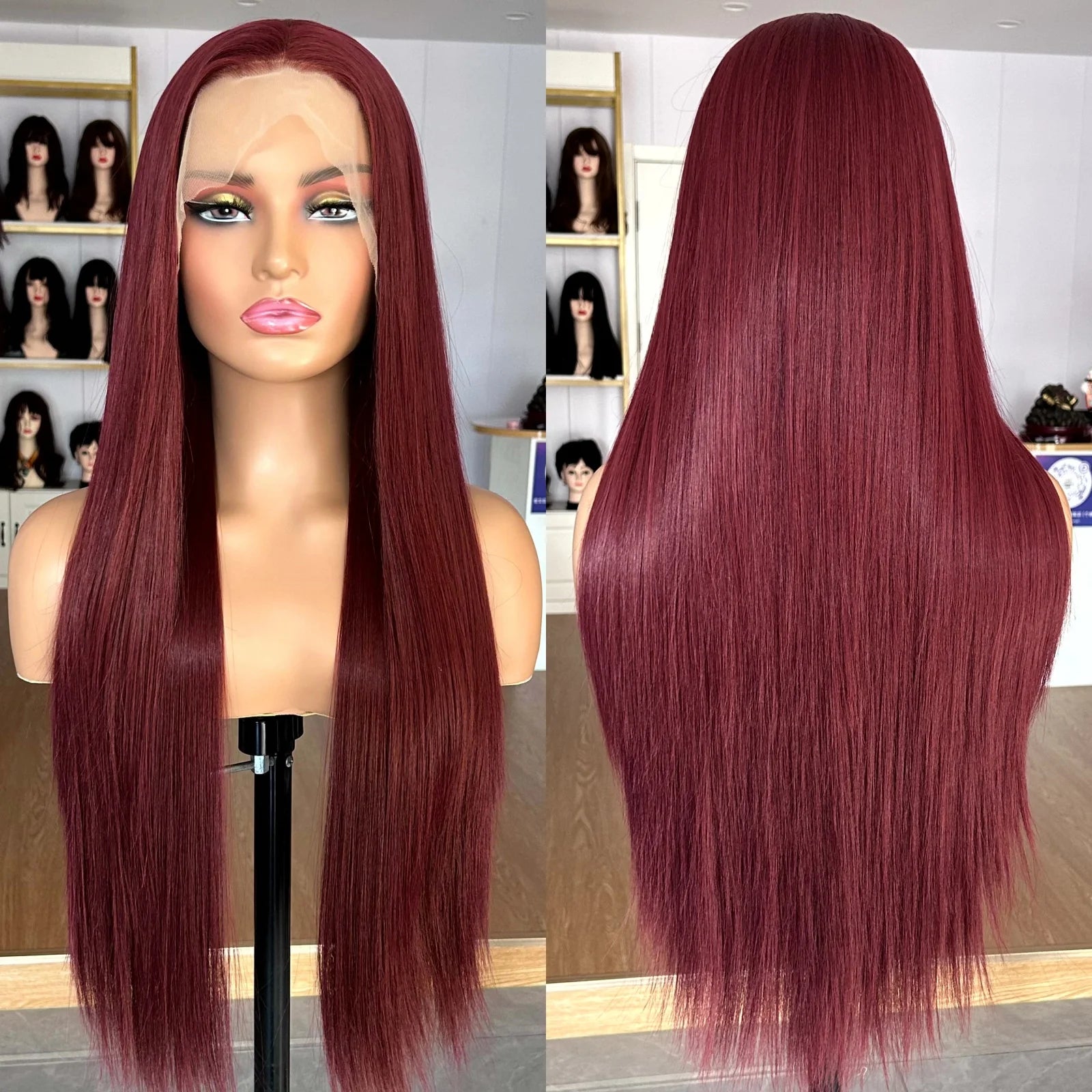 Burgundy Long Silky Straight Wig Synthetic Free Part Dark Red Natural Hair 13X4 Lace Front Wigs for Women Daily Party Cosplay