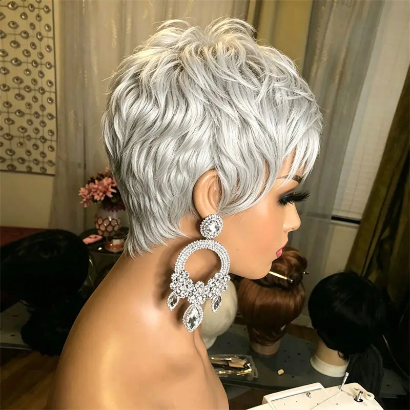 Short Wig for Women Pixie Cut Wig Full Machine Made With Bangs Gray Human Hair Wig Fashion Style for Black Women Daily Party Use