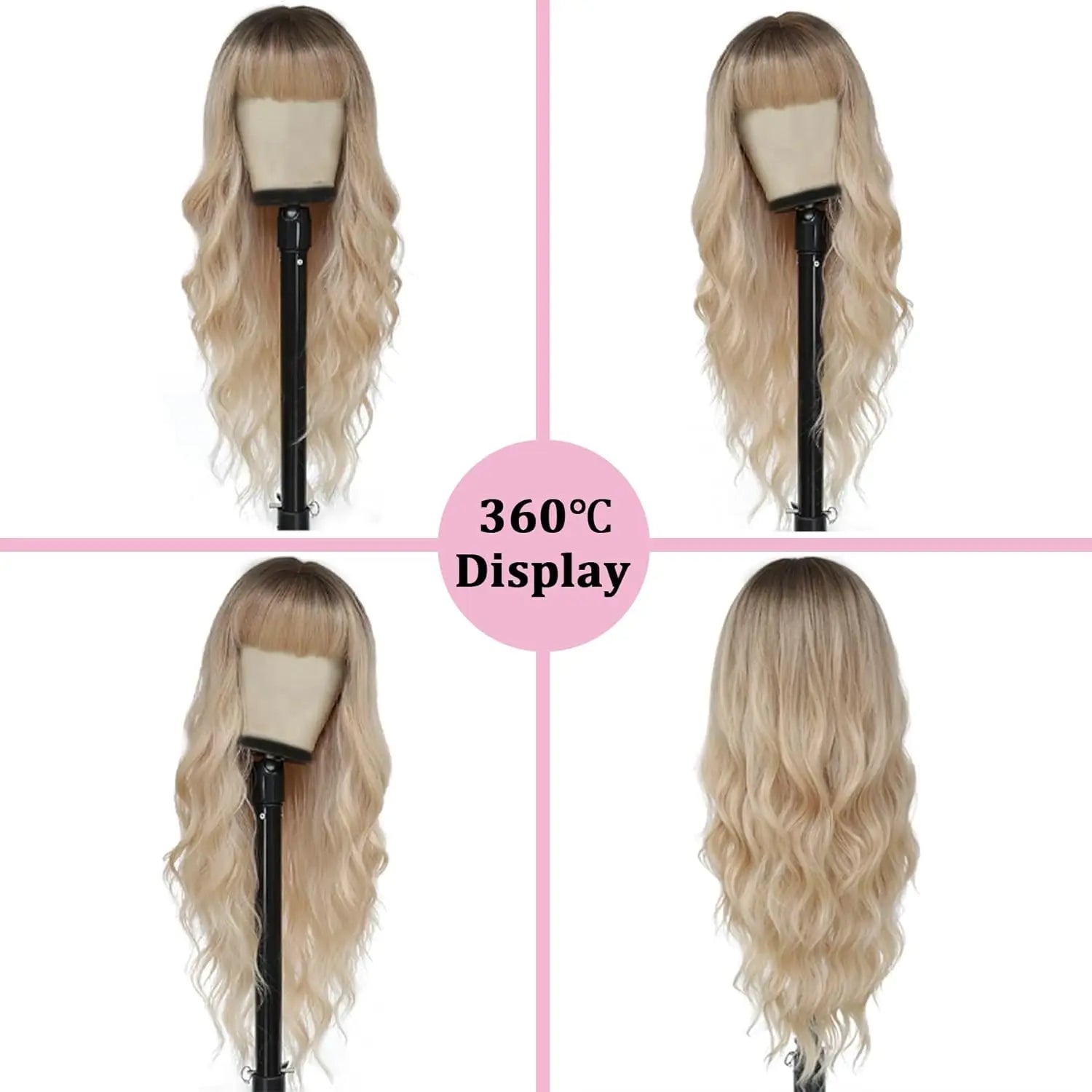Ombre Blonde Wig with Bangs Long Wavy Wig Platinum Blonde Wigs for Women with Dark Roots Natural Synthetic Wigs Curly Hair