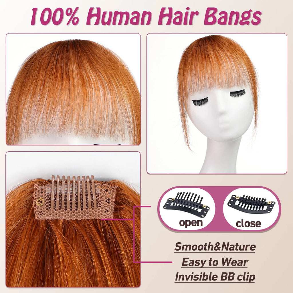 Ginger Orange Human Hair Bangs Clip In Wispy Fringe With Temples Hair Extensions For Women Natural Look 100% Real Human Hair