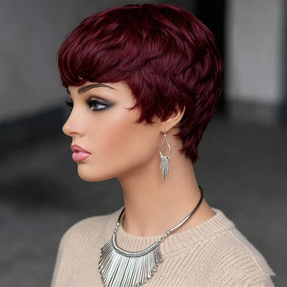 Women's Short Burgundy Red Layered Pixie Cut Human Hair Wig With Bangs Realistic Burgundy Pixie Cut Wig Full Machine Made