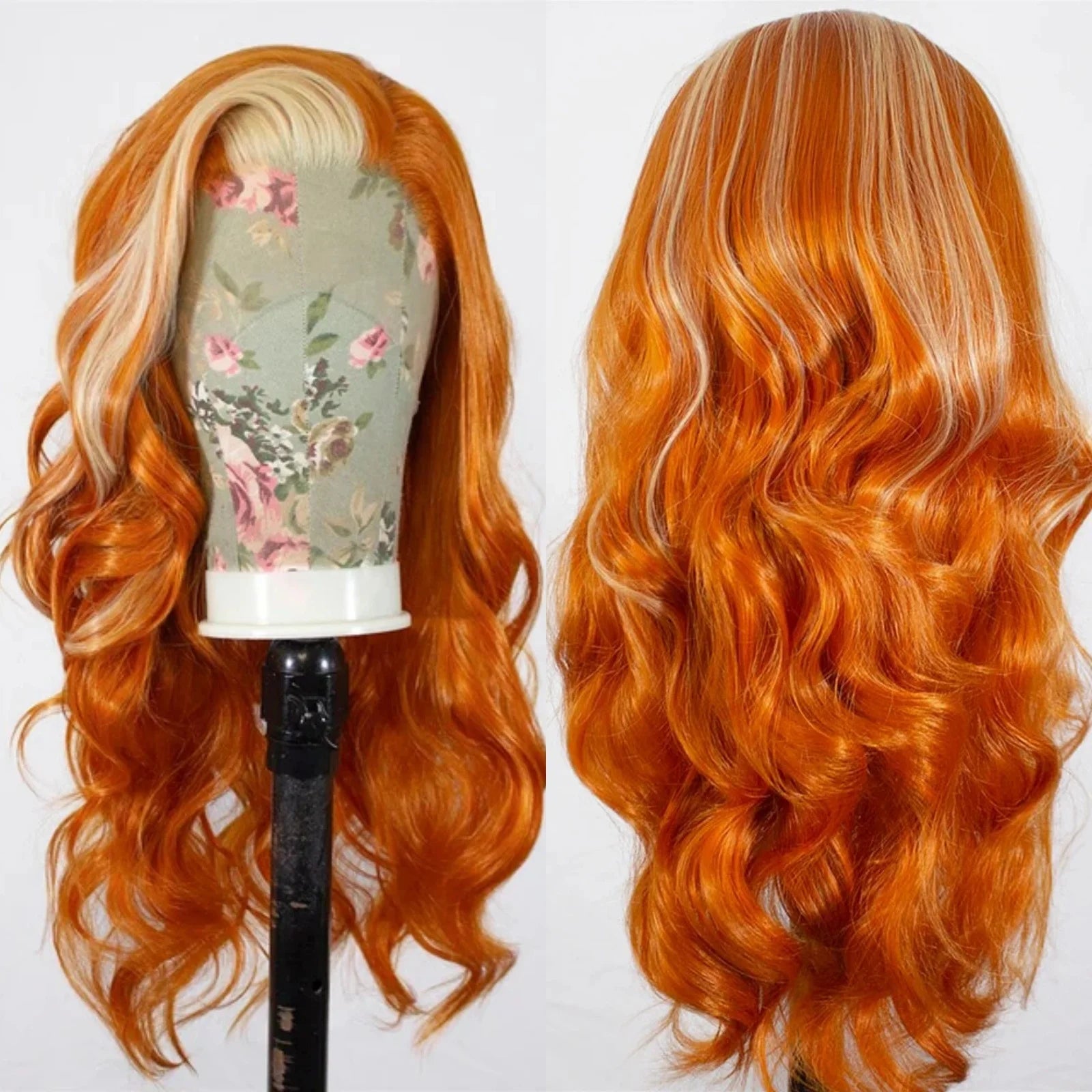 Ginger Orange with Blonde Highlights Wig Synthetic Lace Front Wig Long Wavy Hair Loose Body Wave 13X4 Frontal Wigs for Women