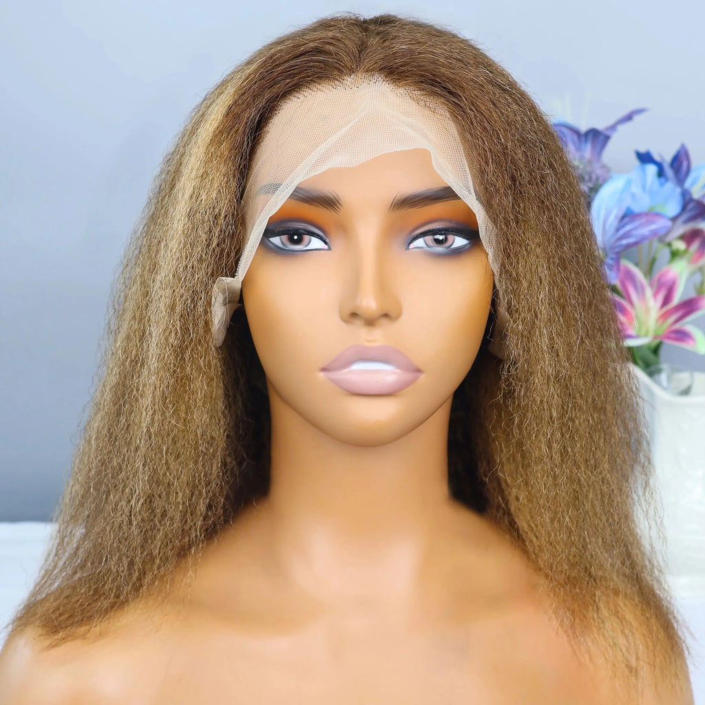 4/27 Highlight Kinky Straight Bob Wigs 13x4 Lace Front Human Hair Wig Brown Honey Blonde Piano Color Lace Frontal Yaki Wigs 200%