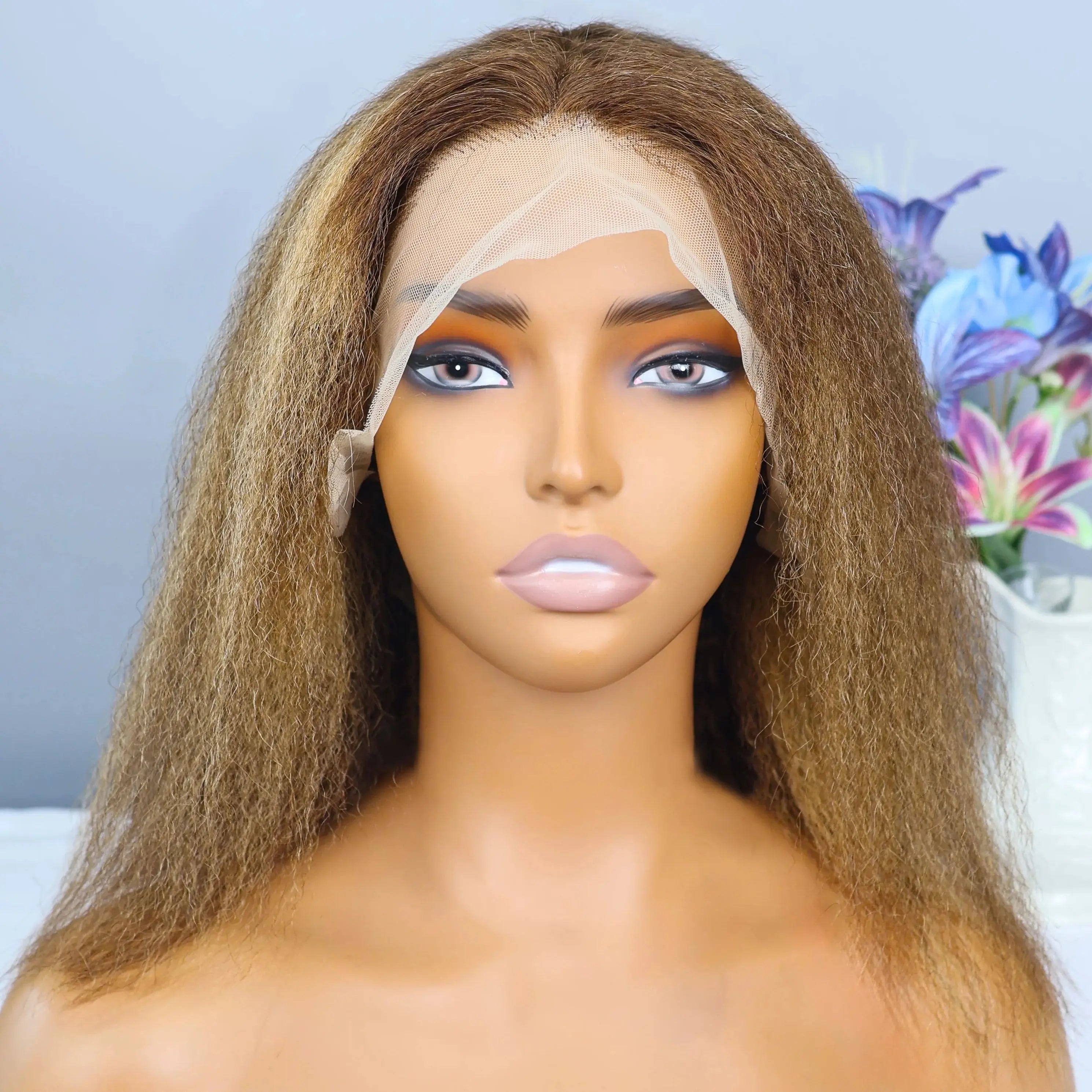 4/27 Highlight Kinky Straight Bob Wigs 13x4 Lace Front Human Hair Wig Brown Honey Blonde Piano Color Lace Frontal Yaki Wigs 200%