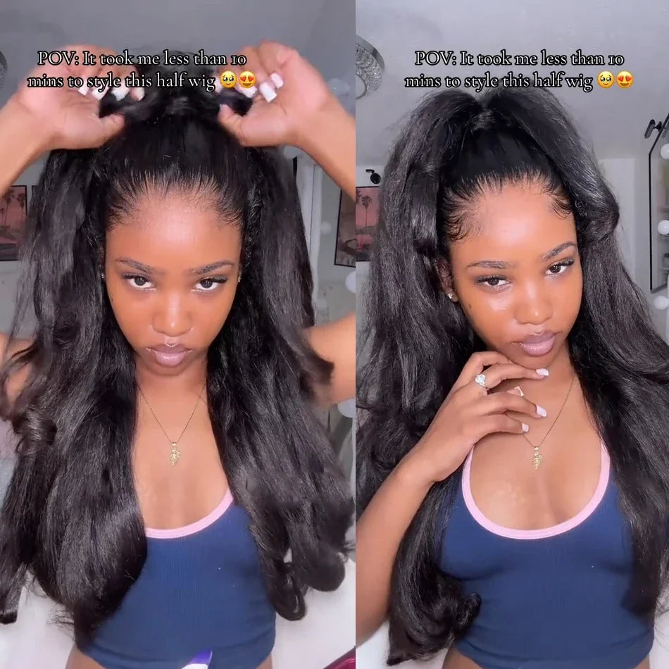Kinky Straight Half Wig 3 In 1 Half Wig With Drawstring Flip Over Half Wig Yaki Straight Glueless Wigs Ready to Wear Half Wigs