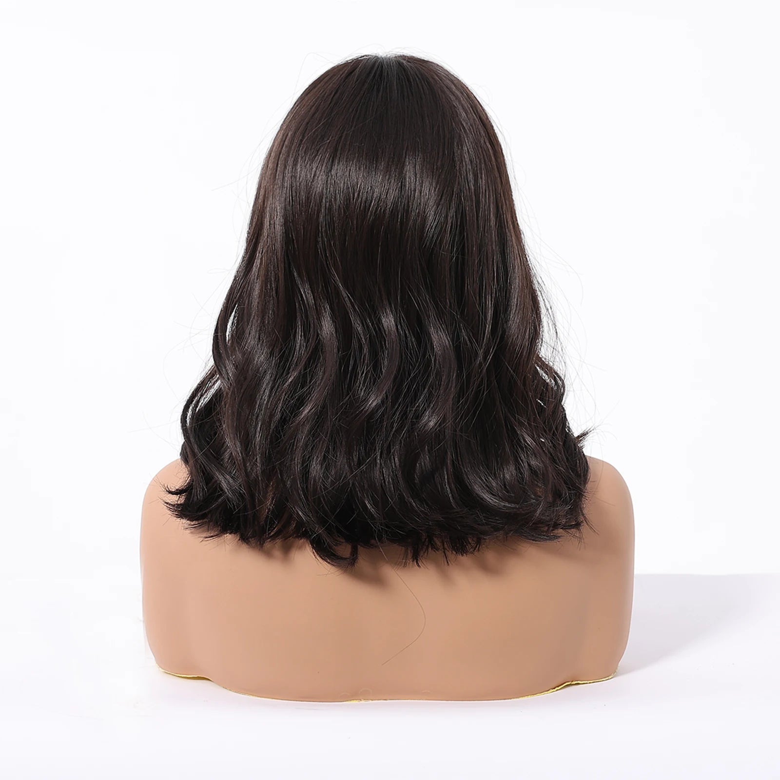 Short Wavy Wigs Black Brown Wig Shoulder Length Wave Synthetic Hair With Medium Part Bangs Daily Party for Women Heat Resistant