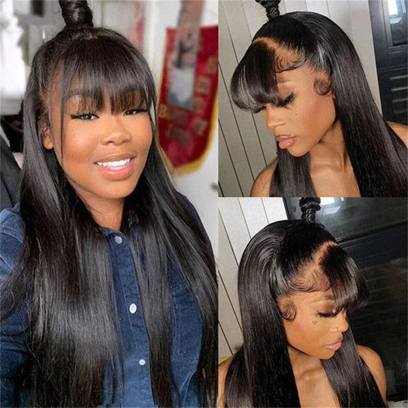 Cheap 38inch 13x6 HD Lace Front Human Hair Wigs With Bangs Raw Indian Straight 360 Full Lace Frontal Wig With Fringe For Women