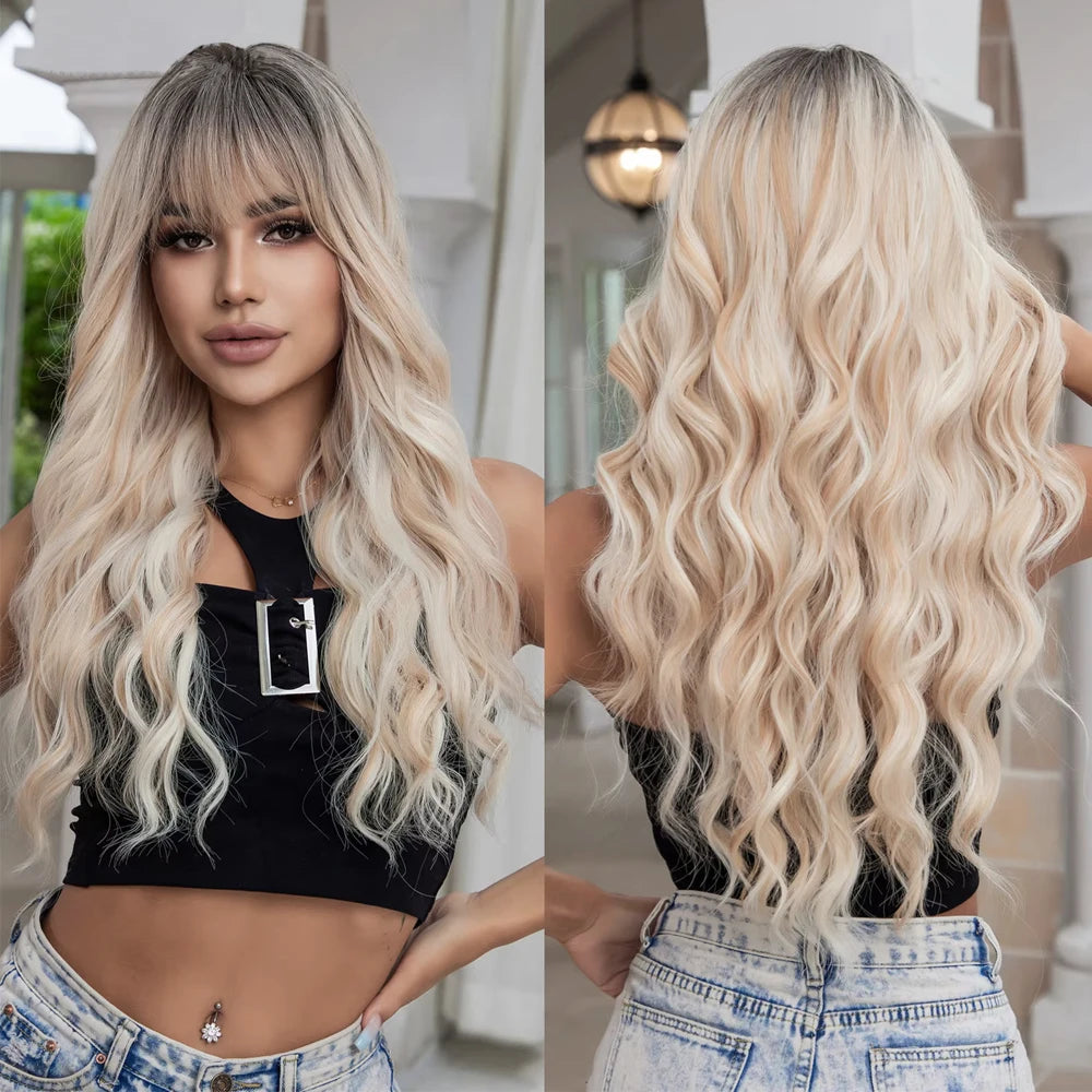 Ombre Blonde Wig with Bangs Long Wavy Wig Platinum Blonde Wigs for Women with Dark Roots Natural Synthetic Wigs Curly Hair