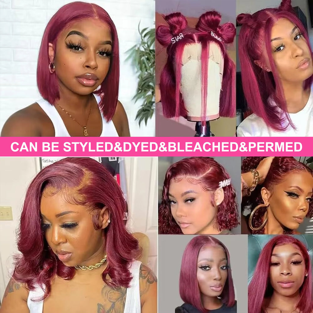 99J Burgundy Bob Wig 13x4 Lace Front Short Wigs 200%Density Straight HD Transparent Lace Frontal Wig Pre Plucked Human Hair 100%
