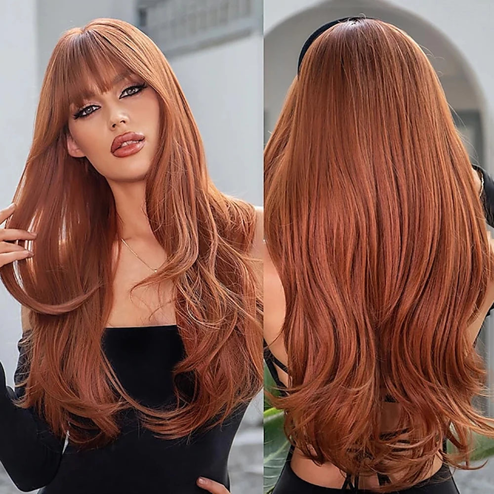 HAIRJOY  Synthetic Hair  Long Wavy Ginger Wig with Bangs  Wigs for Women Heat Resistant Synthetic Fiber for Daily Party Use
