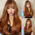 Copper Ginger Wigs With Bangs Auburn Long Natural Straight Layered Synthetic Hair For Women Dark Red Brown Realistic Wig 26 Inch