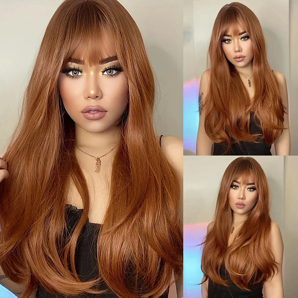 Copper Ginger Wigs With Bangs Auburn Long Natural Straight Layered Synthetic Hair For Women Dark Red Brown Realistic Wig 26 Inch