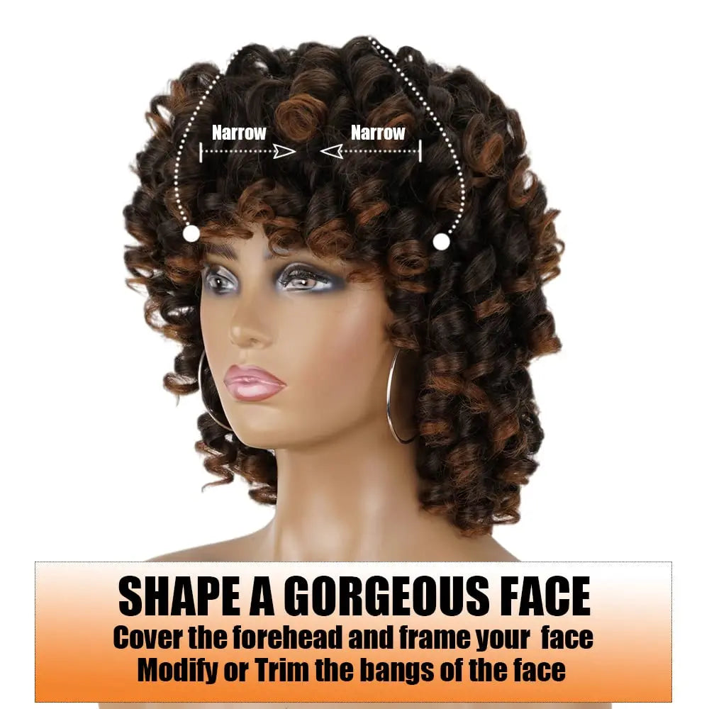 Ombre Brown Curly Wigs for Black Women Short Curly Wig with Bangs Soft Loose Curly Wigs for Women Synthetic Fiber Glueless Hair