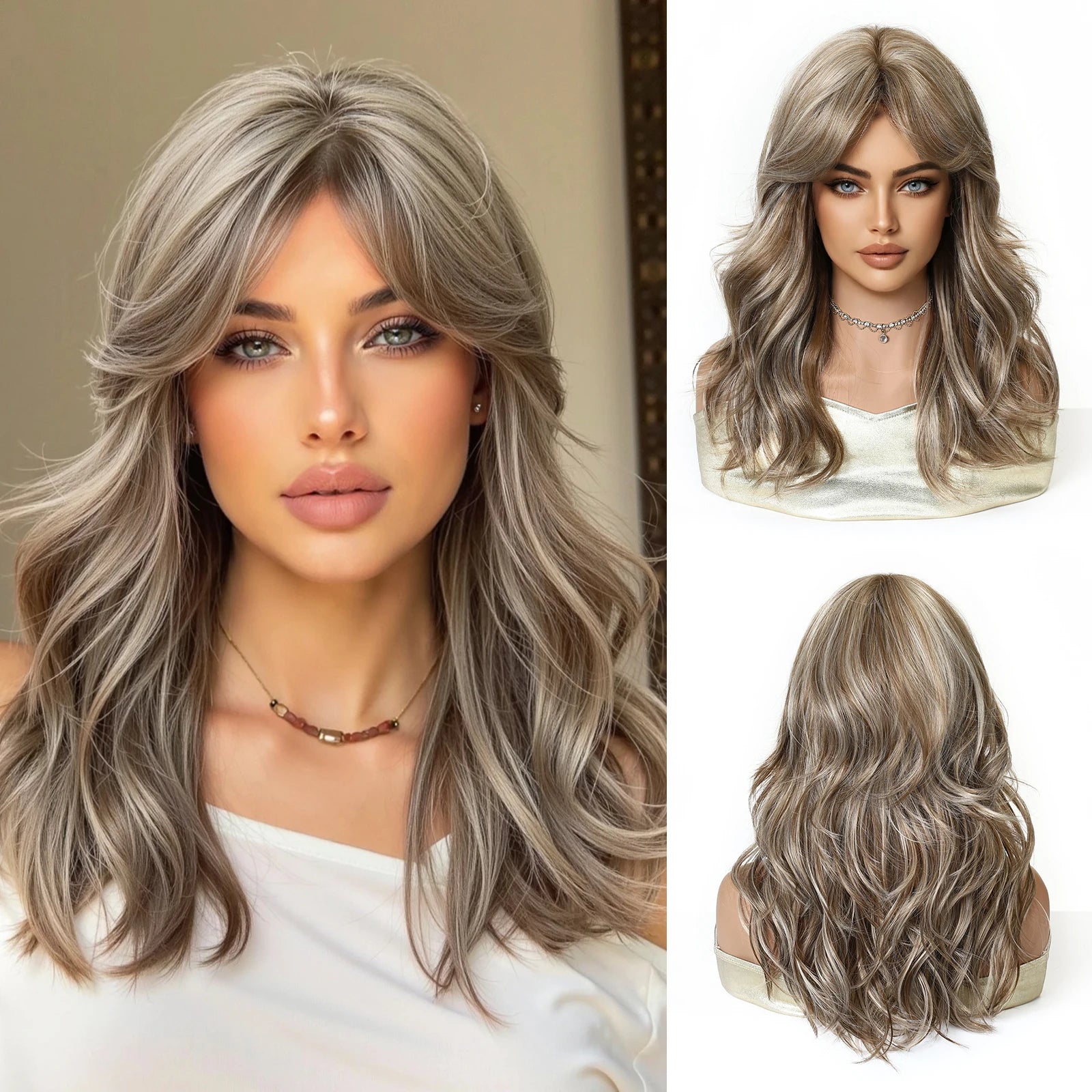 Short Wavy Wigs Black Brown Wig Shoulder Length Wave Synthetic Hair With Medium Part Bangs Daily Party for Women Heat Resistant