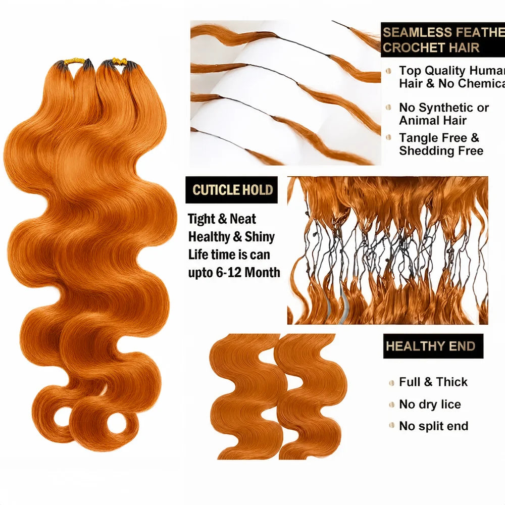 Orange Ginger Body Wave Feather Crochet Human Hair 100% Human Hair Pre-Separated Boho Braids Hair Extensions for Black Women