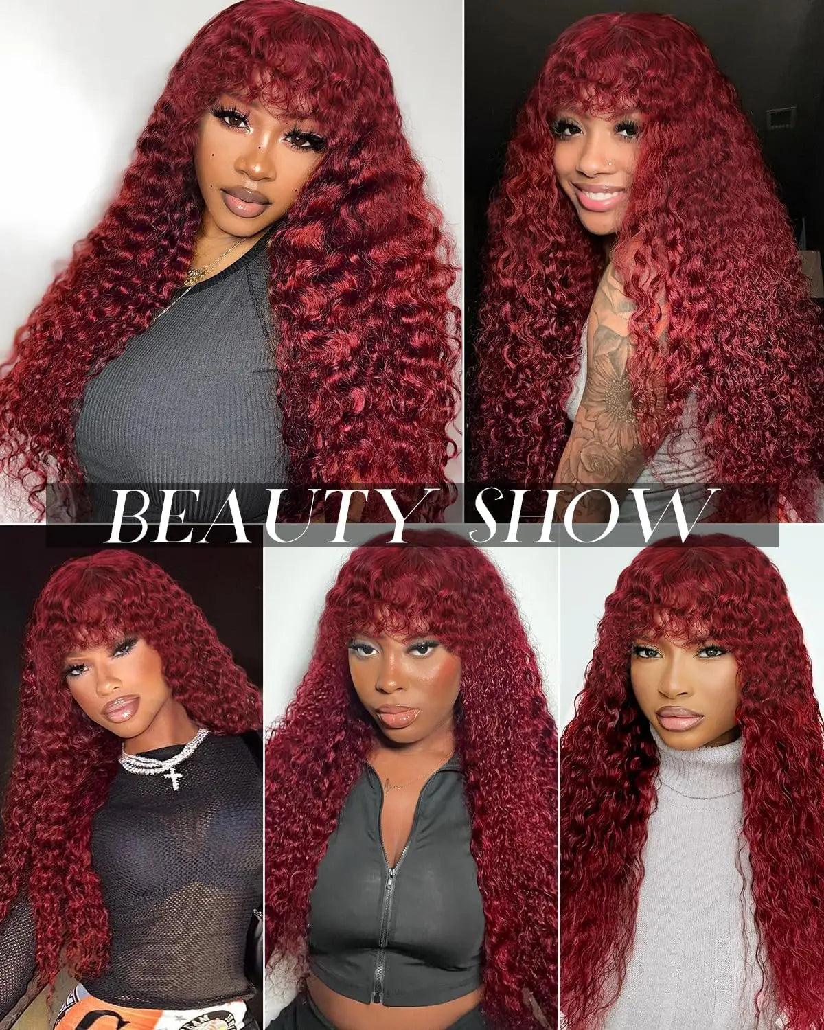 99J Burgundy Curly Wig with Bangs Human Hair Brazilian 200 Density Water Wave Wear and Go Glueless Red Colored Wigs For Women