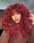 99J Burgundy Curly Wig with Bangs Human Hair Brazilian 200 Density Water Wave Wear and Go Glueless Red Colored Wigs For Women