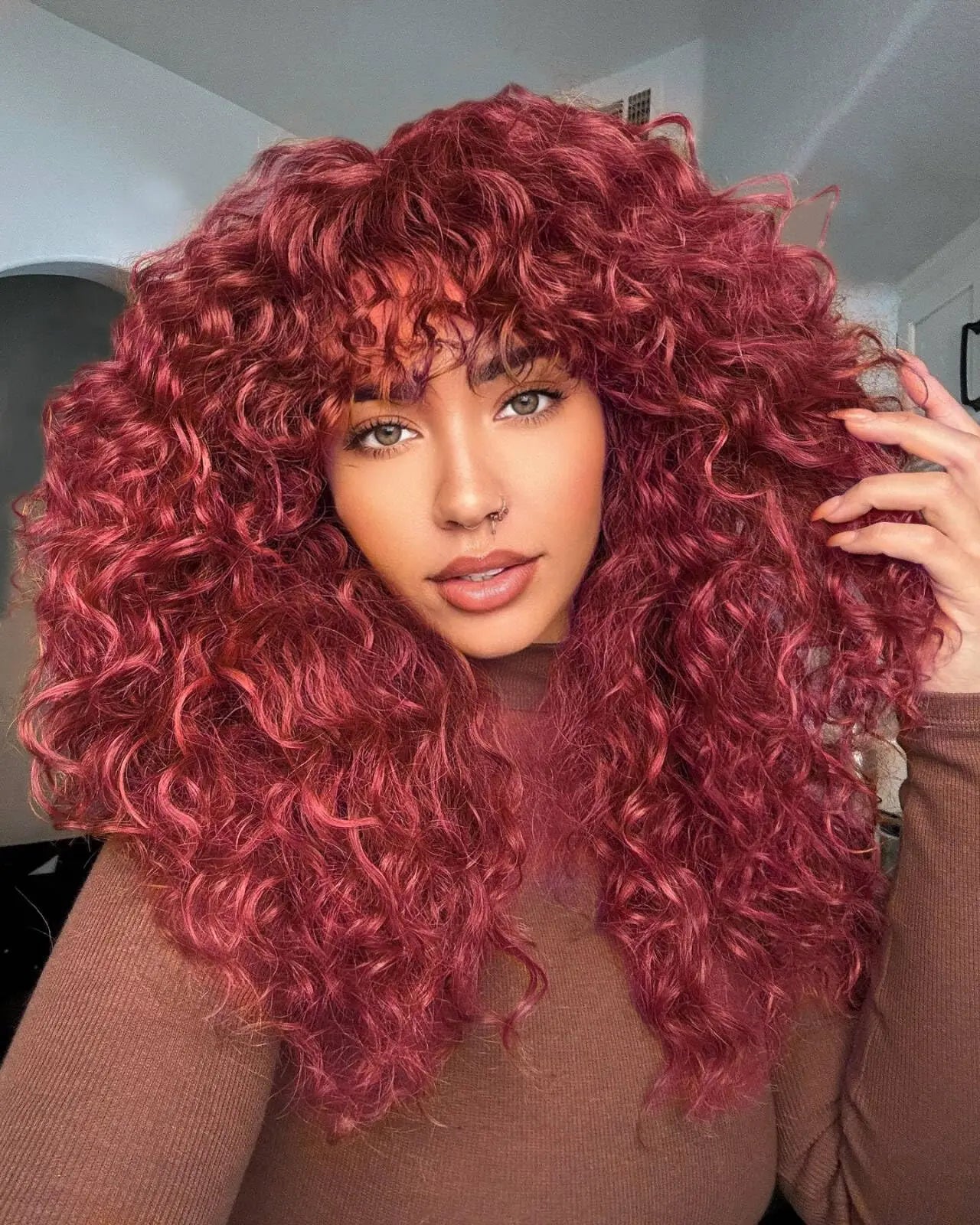 99J Burgundy Curly Wig with Bangs Human Hair Brazilian 200 Density Water Wave Wear and Go Glueless Red Colored Wigs For Women