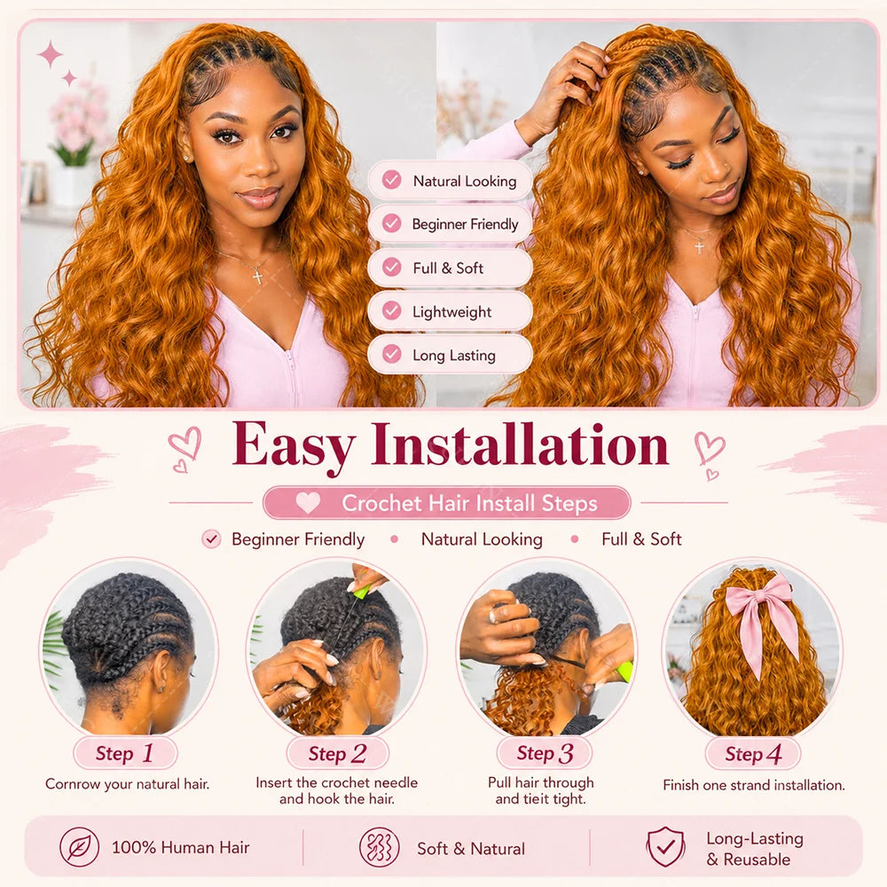 Orange Ginger Body Wave Feather Crochet Human Hair 100% Human Hair Pre-Separated Boho Braids Hair Extensions for Black Women