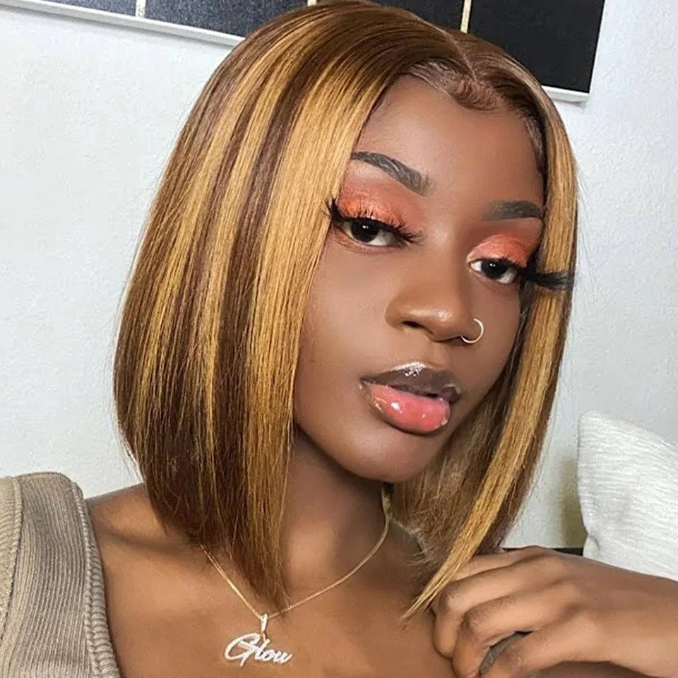 Ginger Orange HD Transparent Short Bob Human Hair Wigs Peruvian Highlight Straight 13x6x2 Lace Front Wig For Women Pre Plucked