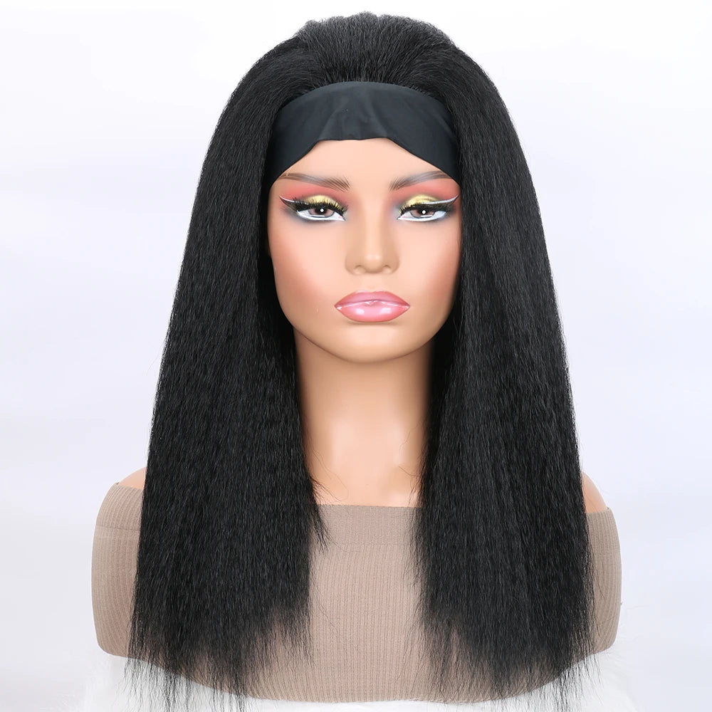 Long Kinky Straight Hair Wigs for Black Women, Synthetic Headband Wig, Hair Band Attached Half Wig, Full Machine Made, None Lace