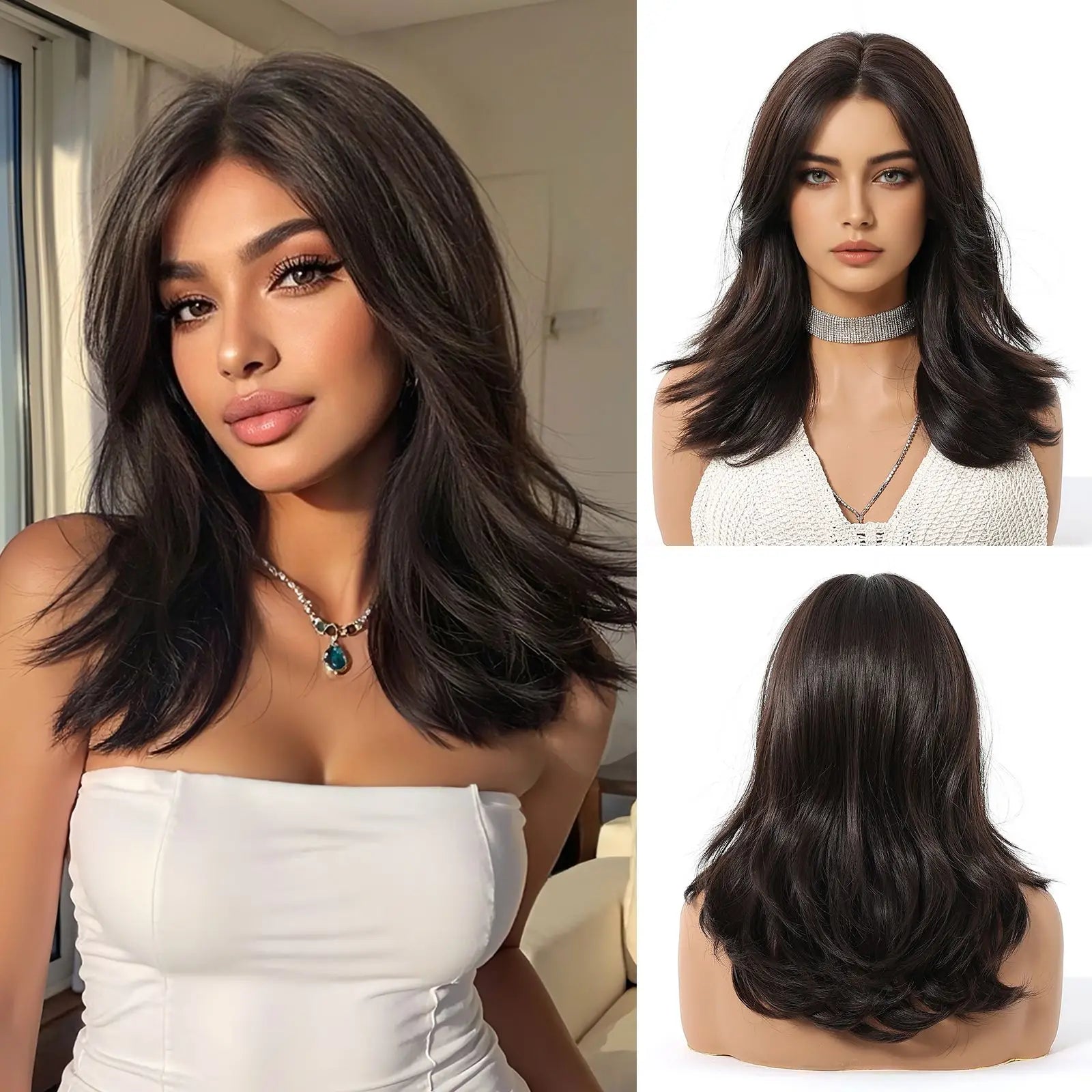 Short Wavy Wigs Black Brown Wig Shoulder Length Wave Synthetic Hair With Medium Part Bangs Daily Party for Women Heat Resistant