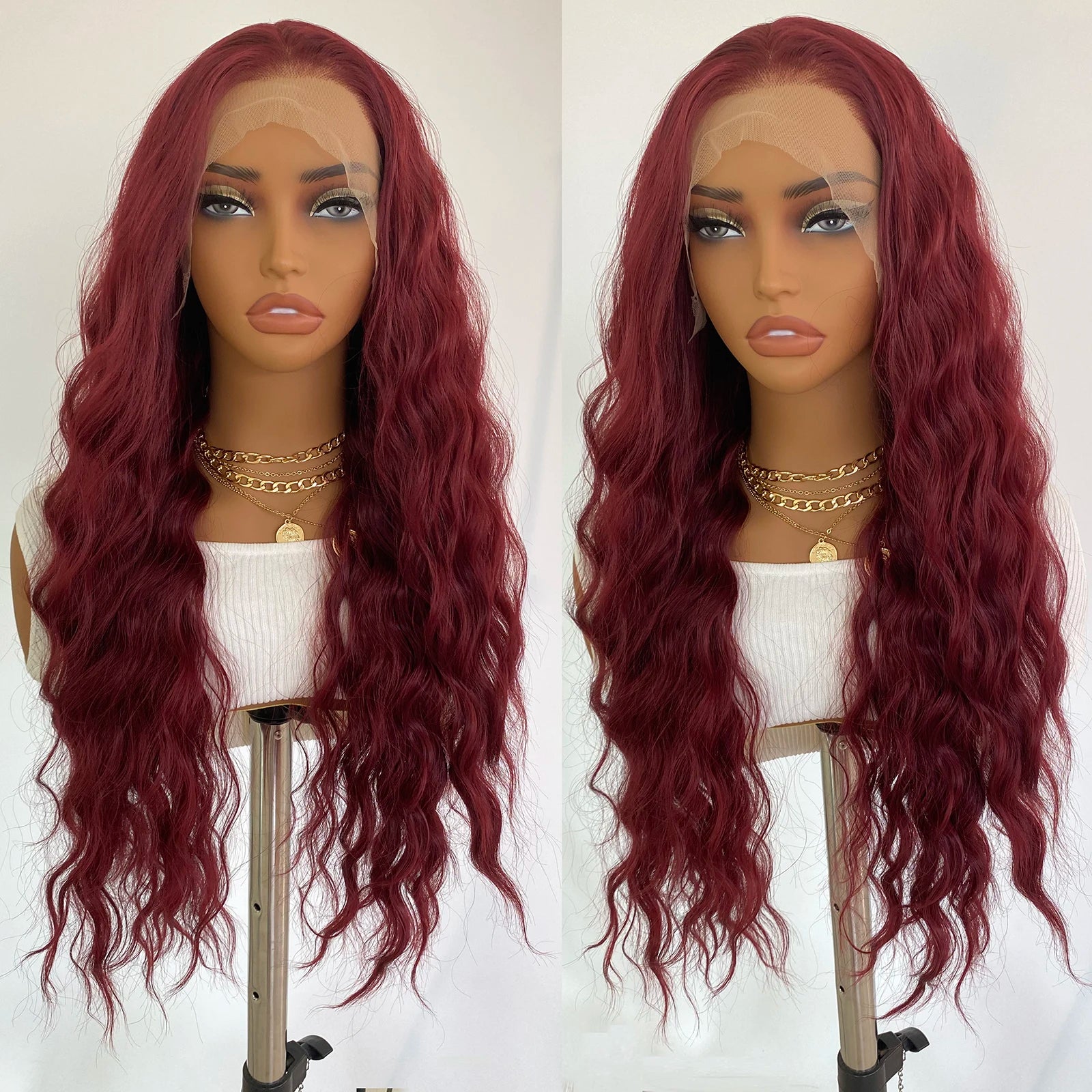 Burgundy Lace Front Wig 13x4 Natural Hairline Glueless Long Body Deep Wave Synthetic Wig for Women Daily Use Cosplay Wig