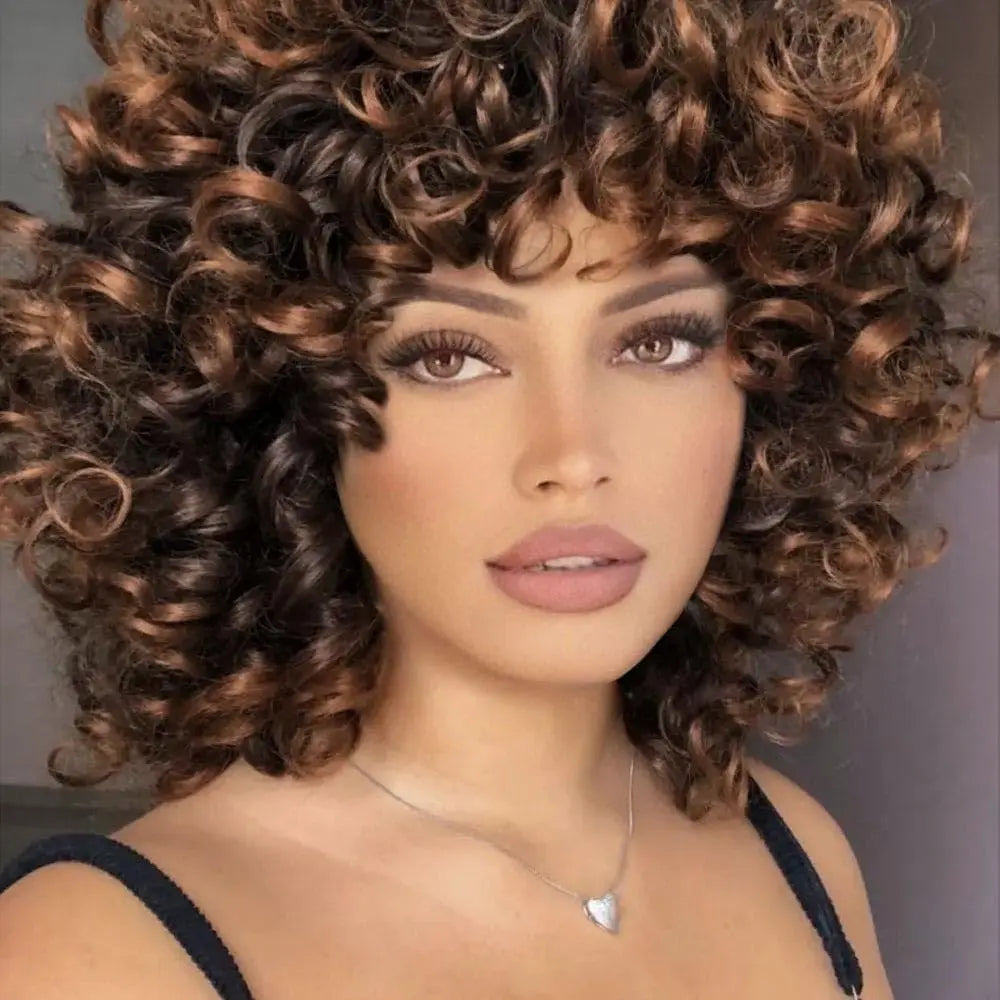 Ombre Brown Curly Wigs for Black Women Short Curly Wig with Bangs Soft Loose Curly Wigs for Women Synthetic Fiber Glueless Hair