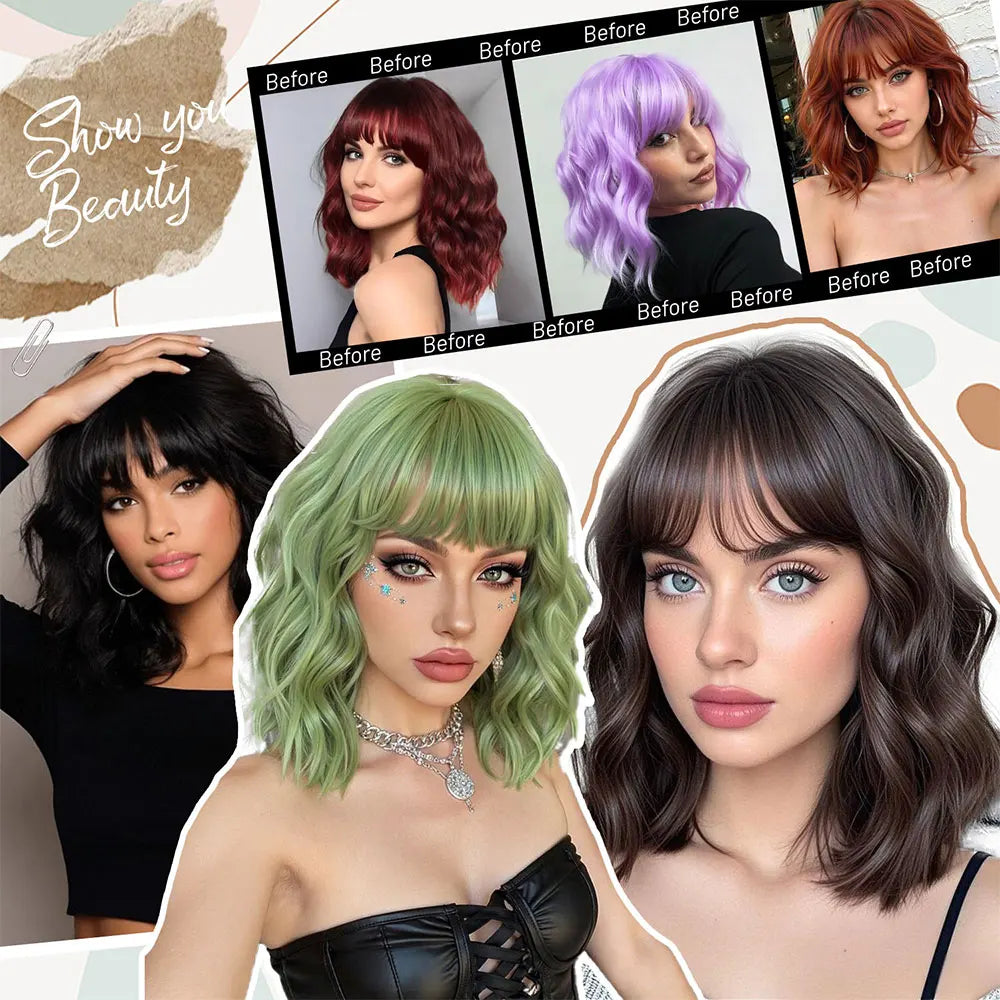 Short Bob Wavy Wigs for Women 14' brownblack Brownis with Bangs Synthetic Natural Color Hair for Halloween& Cosplay and Daily