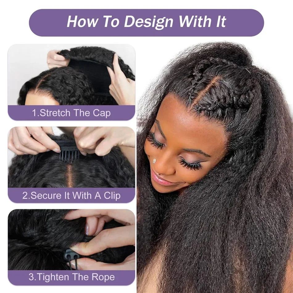 Kinky Straight Half Wig 3 In 1 Half Wig With Drawstring Flip Over Half Wig Yaki Straight Glueless Wigs Ready to Wear Half Wigs