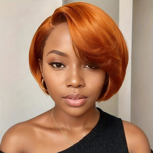 8 inches Ginger orange 13x4 Transparent Lace Front Wigs For Women Pixie Cut Staright Human Hair Wig Short Bob Wig 180% Density