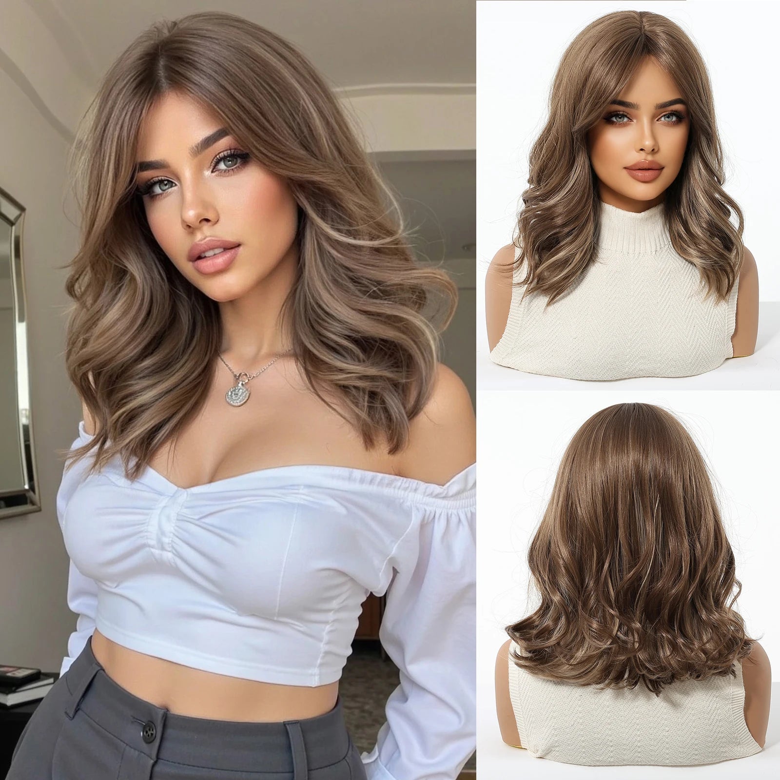 Short Wavy Wigs Black Brown Wig Shoulder Length Wave Synthetic Hair With Medium Part Bangs Daily Party for Women Heat Resistant