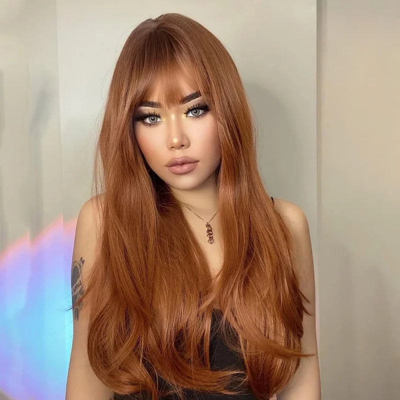 Copper Ginger Wigs With Bangs Auburn Long Natural Straight Layered Synthetic Hair For Women Dark Red Brown Realistic Wig 26 Inch