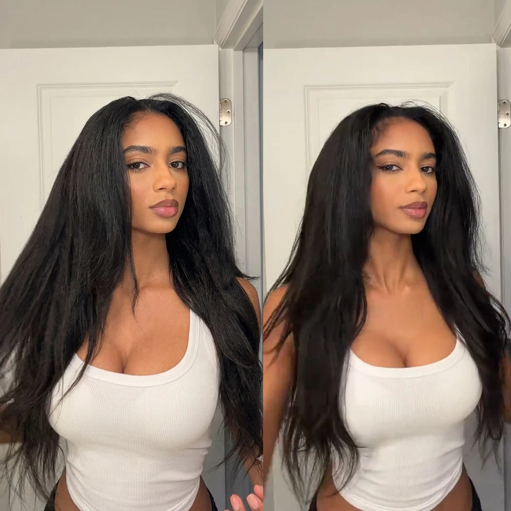 Kinky Straight 3 IN 1 Half Wigs Human Hair 250 Density Wig Vietnamese Human Hair Glueless Wig Drawstring Yaki Hair Half Wigs