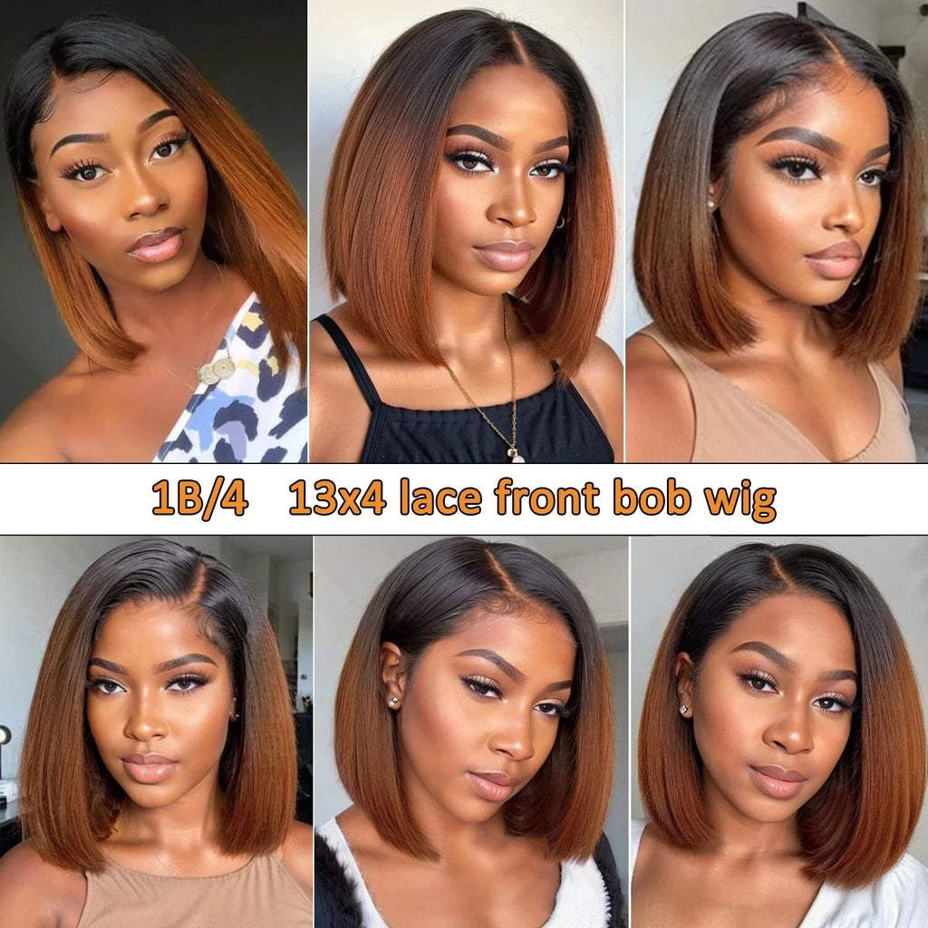 Ombre Brown 1B/4 Bob Wig Human Hair 13x4 HD Lace Front Wig for Black Woman 10 Inch Glueless Pre Plucked Short Straight Bob Wigs