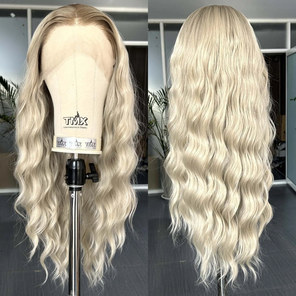 Ombre Ash Blonde Wig Long Natural Wavy Synthetic Hair Loose Curly Middle Part 13X4 Highlight Colored Wigs for Women Daily Party