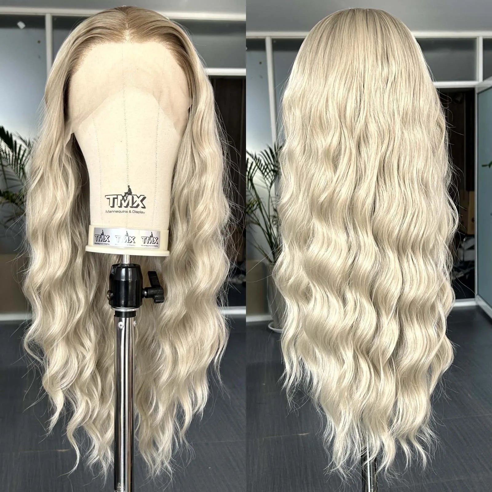 Ombre Ash Blonde Wig Long Natural Wavy Synthetic Hair Loose Curly Middle Part 13X4 Highlight Colored Wigs for Women Daily Party