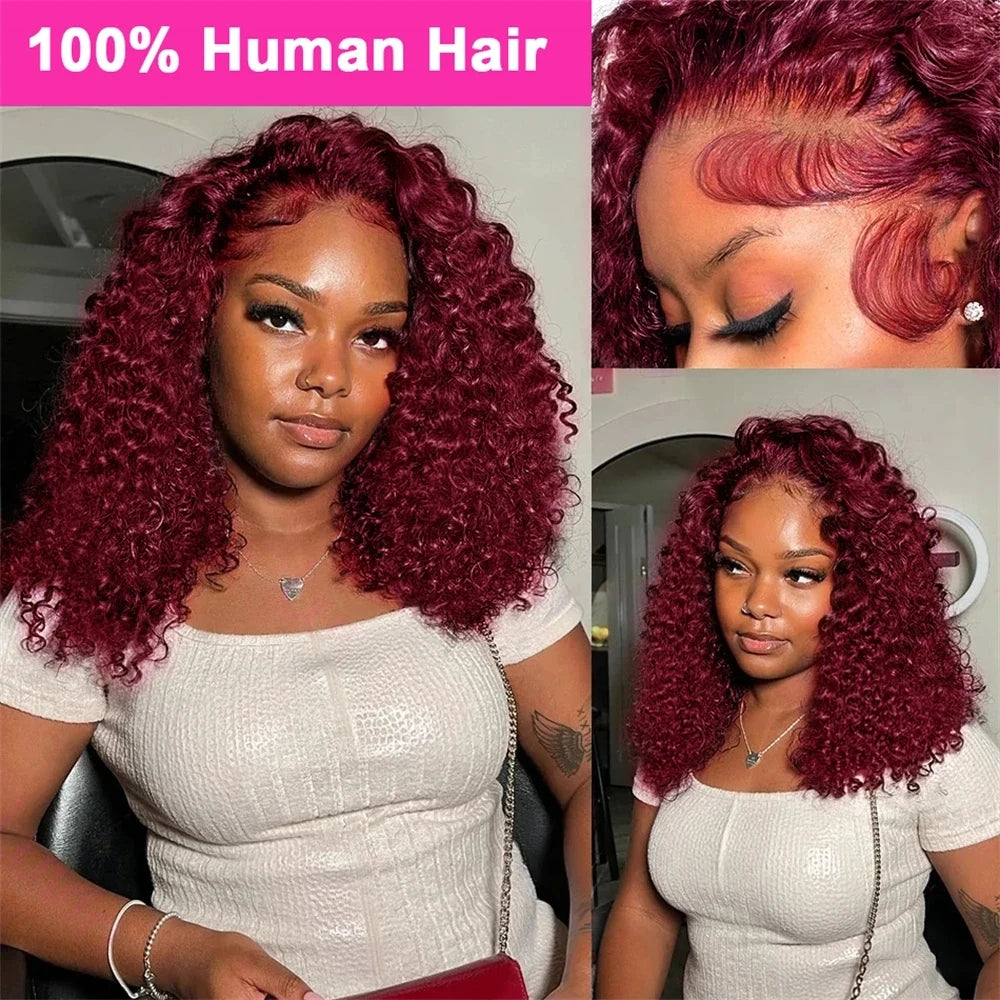 Burgundy Deep Wave 13x4 Lace Frontal Bob Wig 200% Density 99J Colored Remy Water Wave Frontal Human Hair Wigs Pre Plucked Wigs
