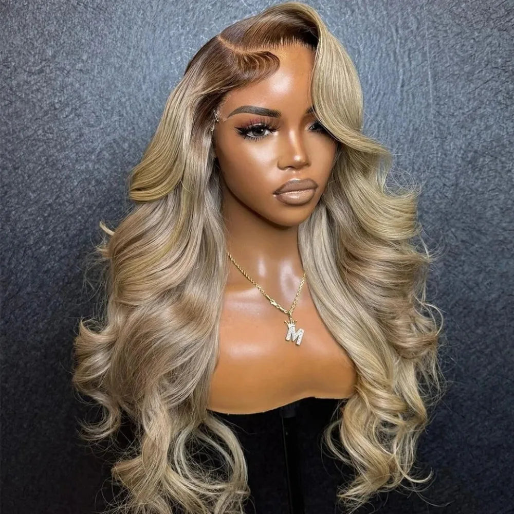 Ombre Ash Blonde With Dark Roots Natural Wave Hair Synthetic Lace Front Wig 13x4 HD for Women Easy to Wear Daily Cosplay Wig