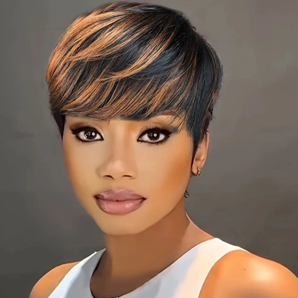 Ombre Color Highlight Short Pixie Cut 1B/33 Black Mix with Brown 150% Density Glueless Layered Brazilian Human Virgin Hair Wigs