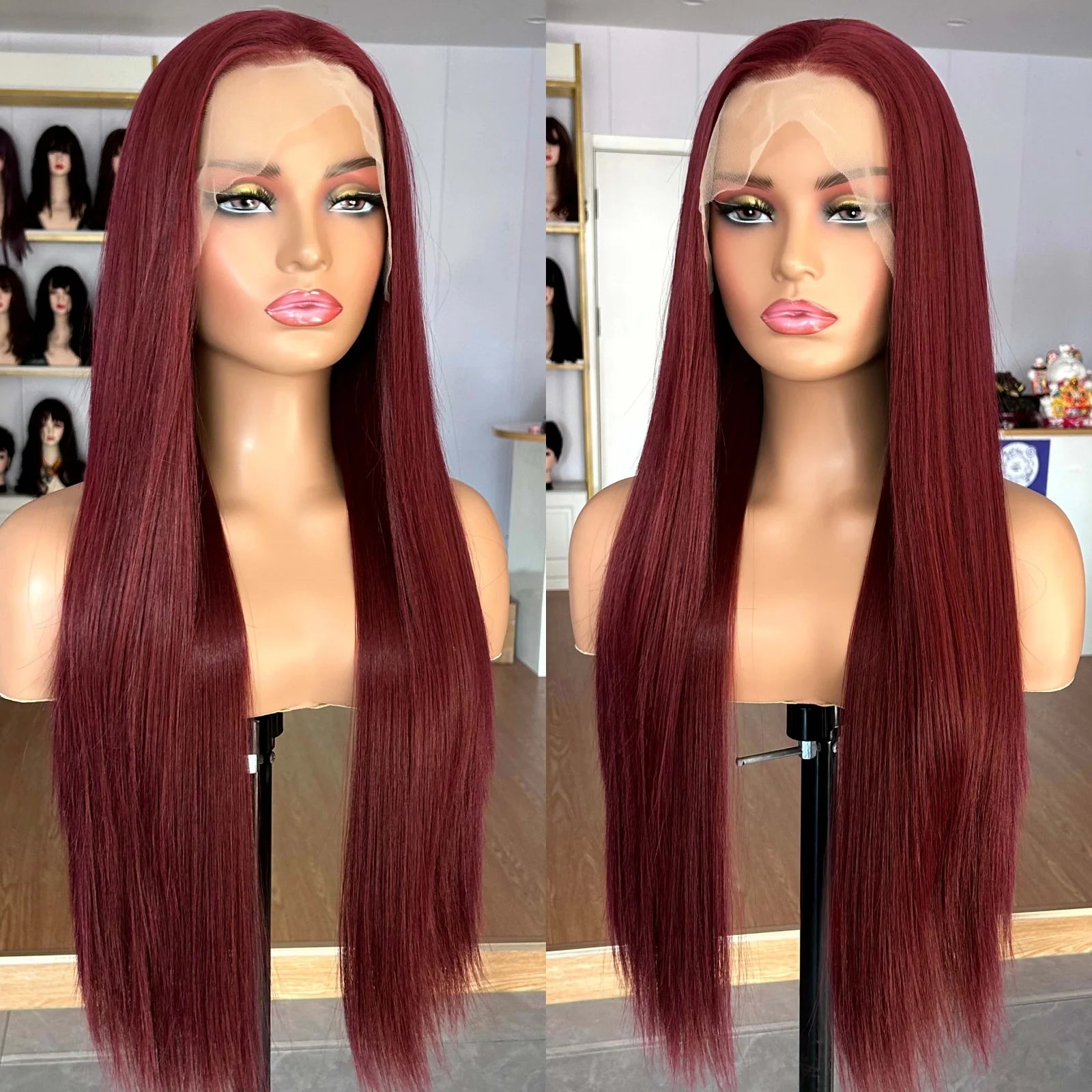 Burgundy Long Silky Straight Wig Synthetic Free Part Dark Red Natural Hair 13X4 Lace Front Wigs for Women Daily Party Cosplay