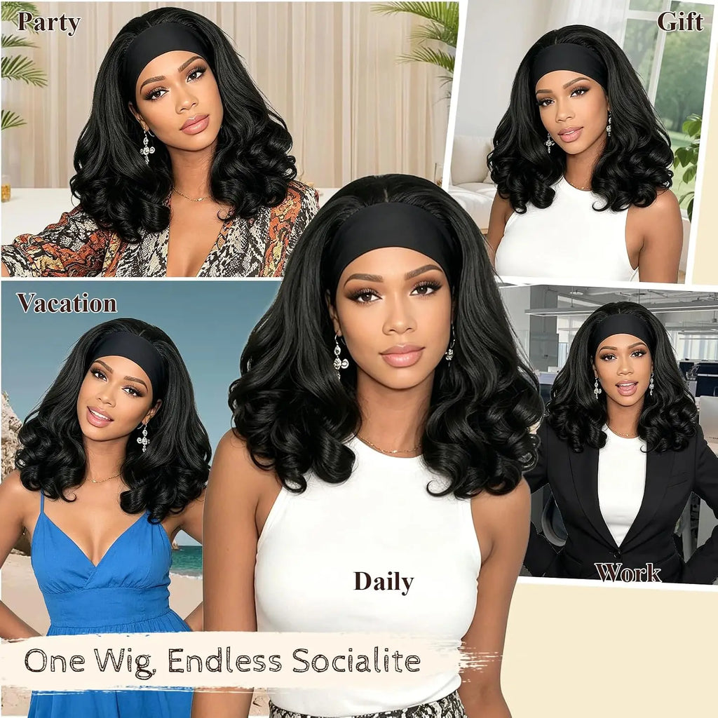 16 Inch Yaki Curly Headband Wig for Black Women Kinky Straight Synthetic Hair with Curly Ends Glueless Wear And Go Half Wig