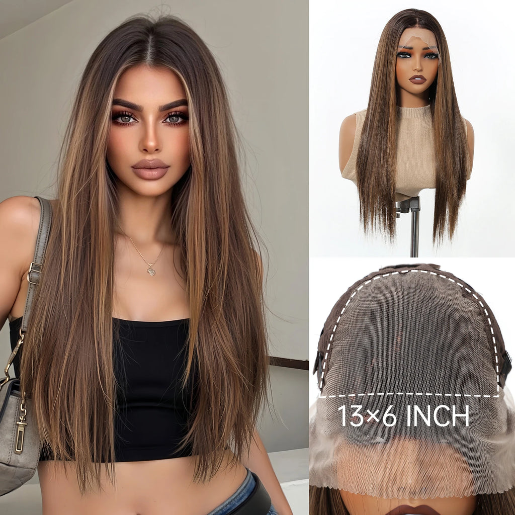 Topshe 30 Inch 13x6 HD Lace Front Wig Realistic Hand-Tied Pre-Plucked Hairline Long Straight Highlight Hair Wigs for Women
