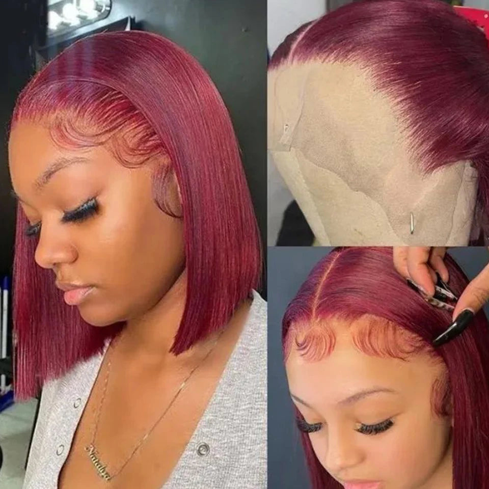 Burgundy 99J  HD Transparent Short Bob Human Hair Wigs Highlight Straight Brazilian 13x6x2 Lace Front Wig For Women Pre Plucked