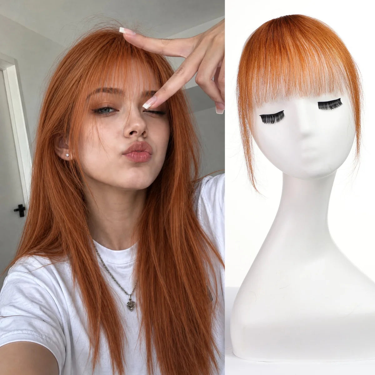 Ginger Orange Human Hair Bangs Clip In Wispy Fringe With Temples Hair Extensions For Women Natural Look 100% Real Human Hair