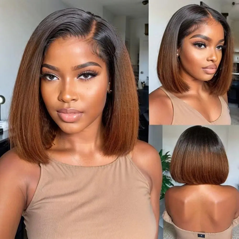 Ombre Brown 1B/4 Bob Wig Human Hair 13x4 HD Lace Front Wig for Black Woman 10 Inch Glueless Pre Plucked Short Straight Bob Wigs
