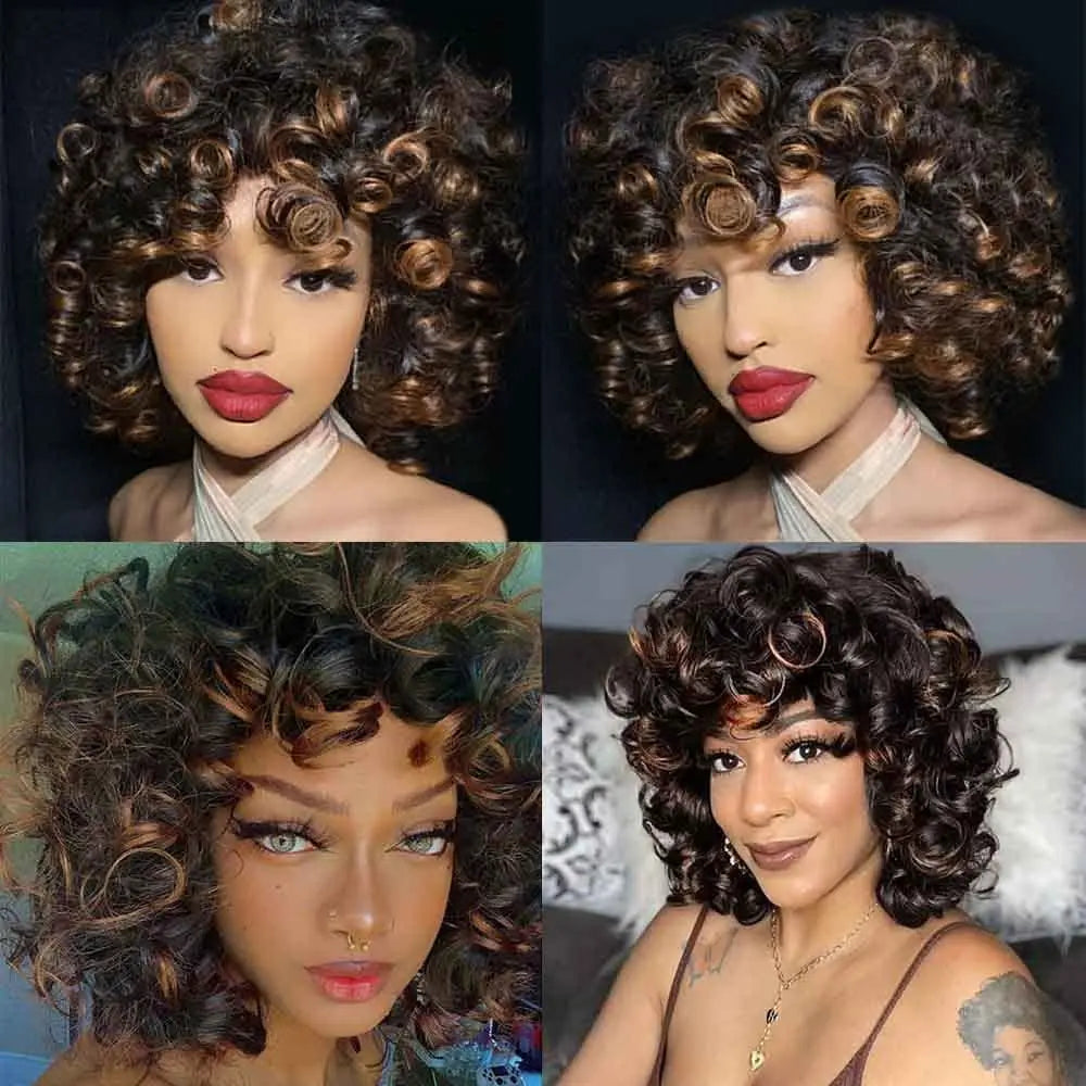 Ombre Brown Curly Wigs for Black Women Short Curly Wig with Bangs Soft Loose Curly Wigs for Women Synthetic Fiber Glueless Hair